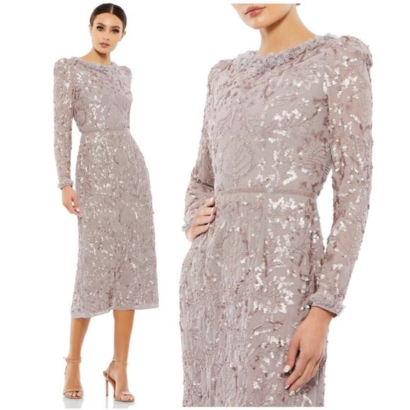 MAC DUGGAL Ruffle Neck Long Sleeve Sequin Midi Dress in Mauve Size US 6 - Picture 1 of 12